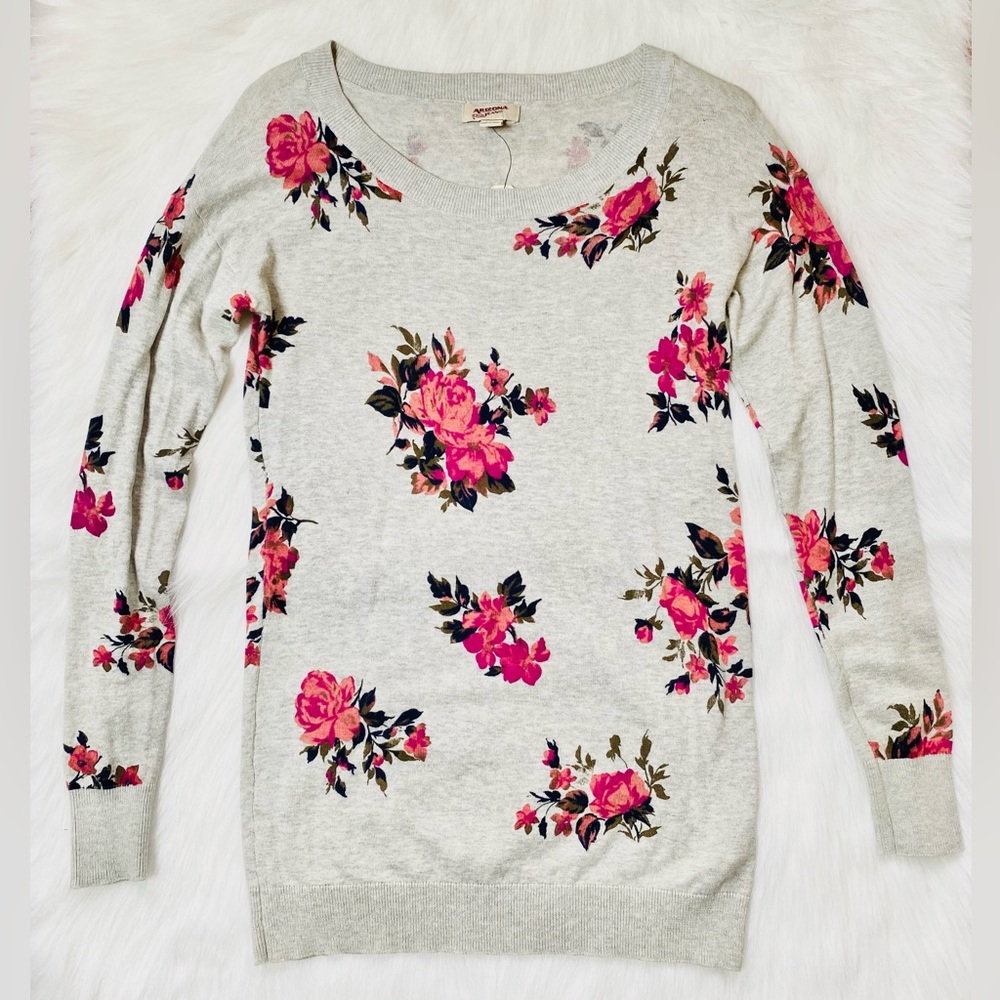 Women’s Arizona Crewneck Lightweight Sweater. Floral Print Gray Tunic Sweater